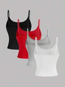 Girlism 4pcs/Set Teen Girls' Cropped Casual Camisole Tops, Suitable For Spring, Summer, Autumn And Winter - Red - View 2