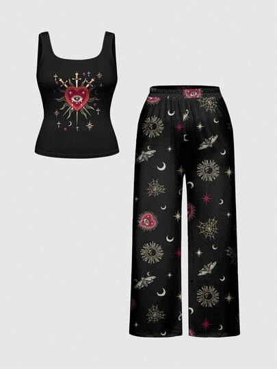 Goth Plus Size Gothic Heart Eye Snake Sun Moon Spider All-Over Print Tank Top And Pants Pajama Set, Casual Loungewear
