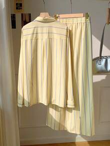 Comfortcana 两件套休闲通勤条纹衬衫和裤子 - 黃色 - 查看 2