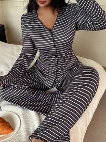 Snug Zone 女士针织休闲宽松条纹印花上衣和裤子家居服套装，秋冬舒适优雅服饰细节 - 黑色 - 查看 6