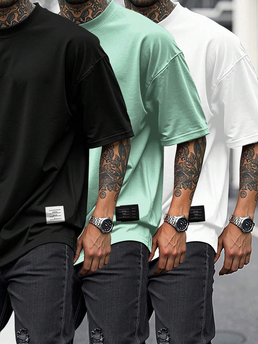 Manfinity Homme Áo thun nam cổ tròn tay ngắn họa tiết chắp vá, năng động cho mùa hè - màu đen - Xem 1