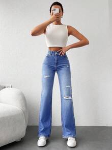 RueChic 100%Cotton Ripped Straight Leg Jeans - Light Wash - View 3
