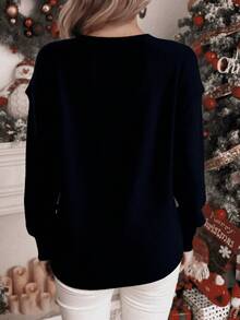 Mujer suéter casual moderno con flecos y perlas decorativas holgado cuello redondo manga larga primavera otoño para diario - Negro - Ver 2