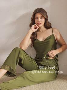 Ocili 2 件套休闲缎面蕾丝简约垂坠领吊带背心和裤子睡衣套装，舒适女士睡衣 FrenchElegance - 墨綠色 - 查看 1