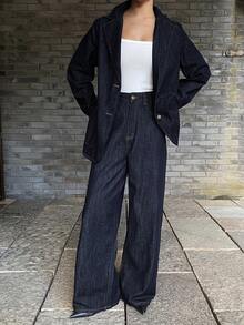 DAZY Women's Casual Collared Waist Top And Jeans Pants Set, Autumn - Dark Wash - View 3