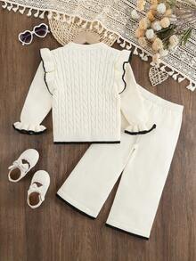 SHEIN Young Girls White Autumn Party Knit Sweater Co-Ords,1pc Crew Neck Long Sleeve Frill Trim Twist Rope Design Top & 1pc Wide Leg Pants,Fashionable Suit - Apricot - View 2