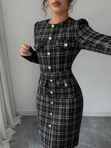 Elenzga Váy dệt kim cổ tròn ôm sát eo đa năng thời trang thu đông dành cho nữ - màu đen - Xem 5