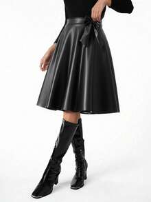 Teen GirlElegant Minimalist Retro Flared PU Leather Skirt