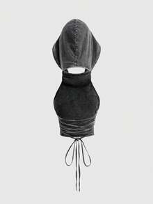 ROMWE Grunge Punk Punk Apocalyptic Wasteland Music Festival Hooded Backless Drawstring Design Fitted Cropped Women Tank Top - Black - View 5