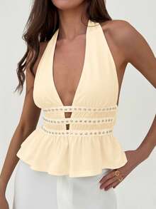 Aloruh Women's Solid Color Deep V Rivet Design Ruched Sexy Halter Top - Beige - View 4
