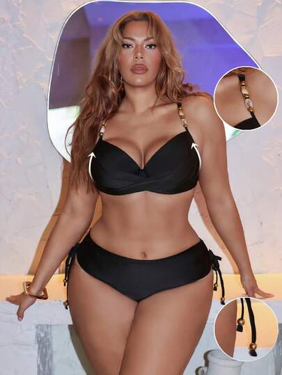 Shapewave 大码女式纯色黑色时尚度假日常休闲低调硬杯钢圈高腰褶皱抽绳三角泳裤收腹分体比基尼套装