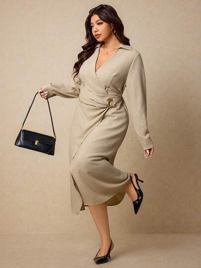 Elaquor Plus Size Women's Business Casual Long Sleeve Waist Cinched Dress