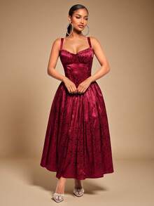 Radiana 女士优雅勃艮第长裙，复古浪漫宫廷风格提花缎面公主礼服，适合情人节、约会、派对、生日、婚礼、宴会、鸡尾酒会、花园茶会、毕业典礼、正式场合、圣诞节、新年前夜、节日穿着 - 酒紅色 - 查看 2