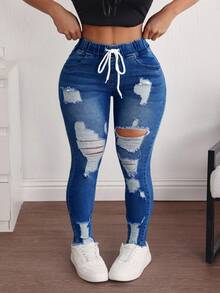 SHEIN ICON 大码女式抽绳腰带口袋做旧修身休闲百搭牛仔裤 - 藍色 - 查看 1
