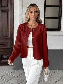 Pariaura 优雅法式风格编织圆领长袖修身绿色女式外套，夏季新品 - 紅色 - 查看 5