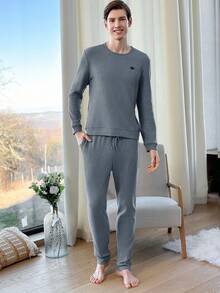 EURMUSE Cotton Men'S Ribbed Knit Homewear Set - Dusty Blue - View 3