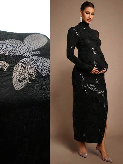 MaterniChic Maternity Fashionable Party Sequin High Neck Bodycon Dress