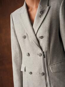 MOTF PREMIUM WOMEN'S AUTUMN/WINTER WOOL BLEND HERRINGBONE TWEED SHINY SEQUIN DOUBLE-BREASTED BLAZER - Light Grey - View 2
