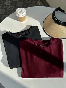 SHEIN EZwear 大码纯色修身长袖T恤，休闲百搭，秋冬款 - 酒紅色 - 查看 2