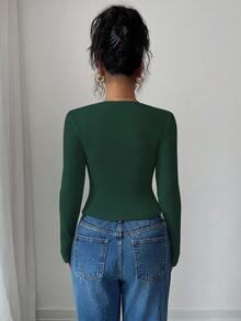 Selianne 秋冬新款纯色磨毛罗纹斜领褶裥长袖T恤，修身休闲上衣 - 墨綠色 - 查看 2