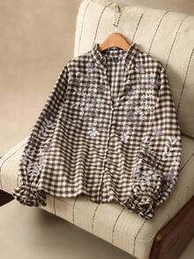 Elaquor Camisa casual de talla grande con estampado a cuadros y bordado floral, otoño - Café integral - Ver 3