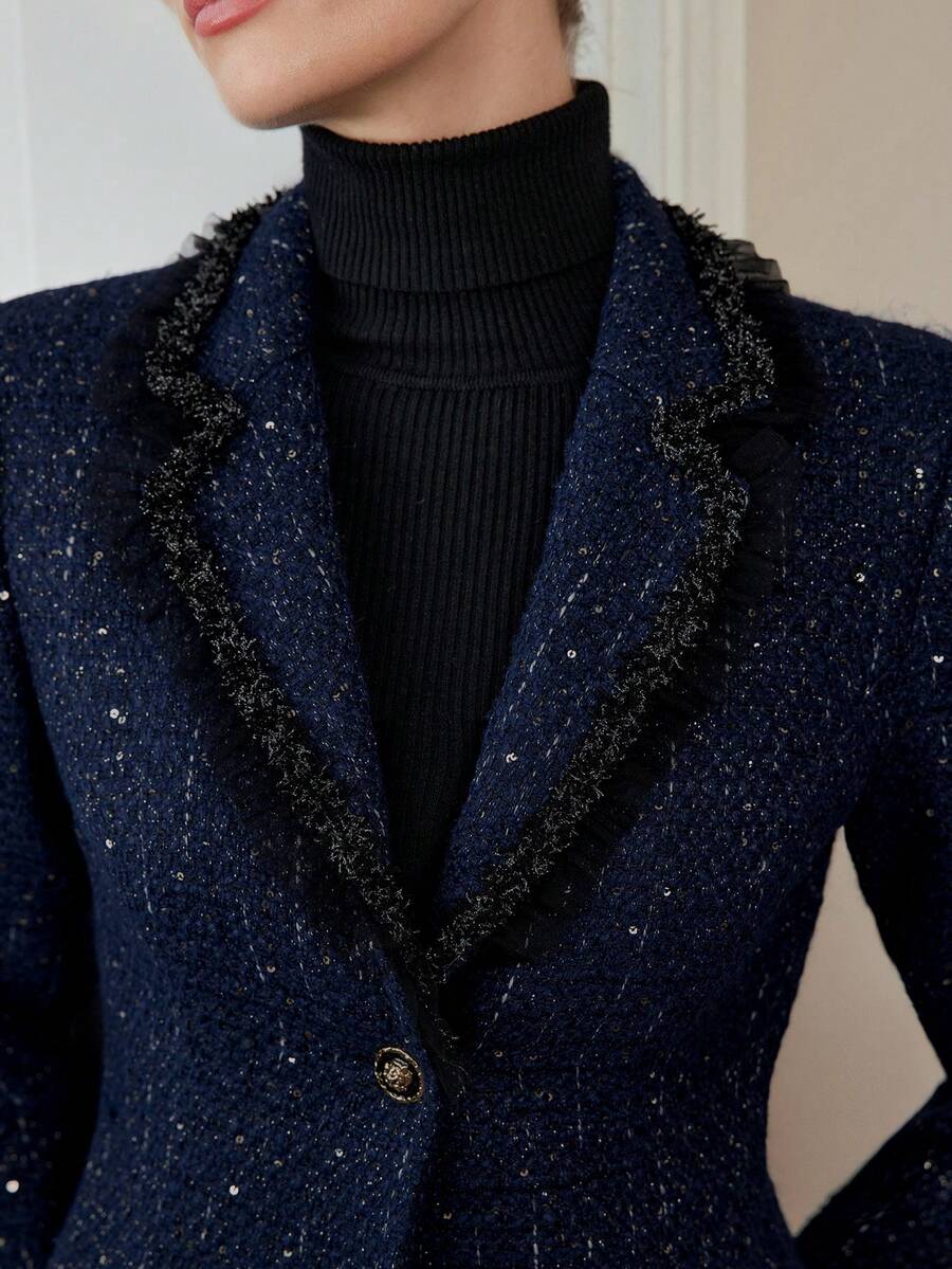 MOTF PREMIUM TWEED CONTRAST TAPE TRIM LAPEL COLLAR BLAZER - Blue - View 2