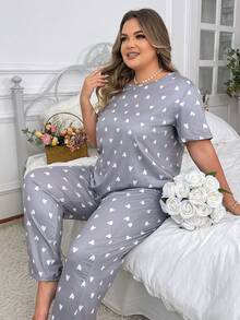 Doze Lane Plus Size Heart Printed Short Sleeve T-Shirt And Long Pants Pajamas Set, Suitable For Summer, Outfits - Grey - View 3