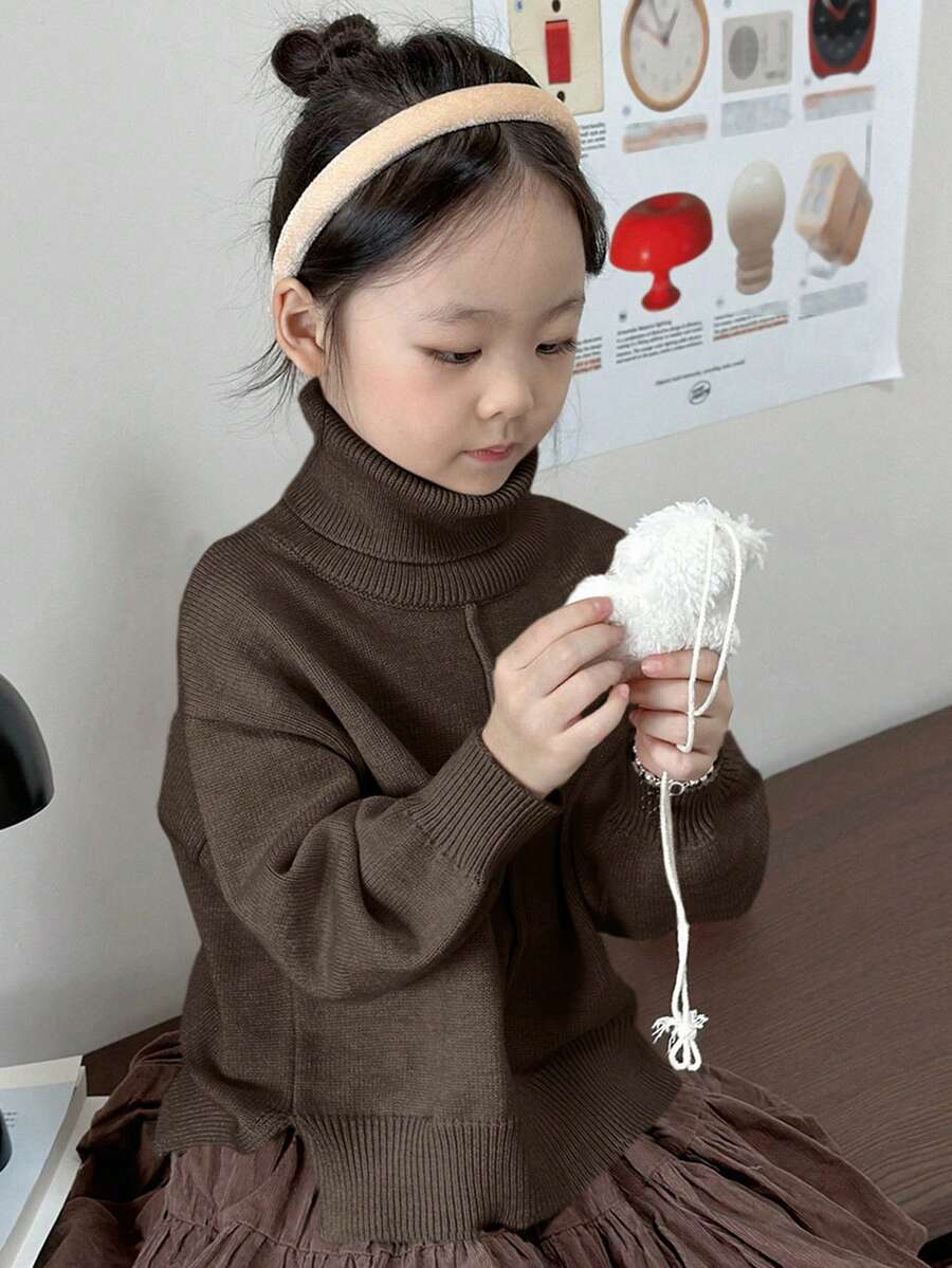 Dazy Kids Sweater Turtleneck Warna Polos untuk Anak Perempuan, Musim Gugur - Coklat - View 1