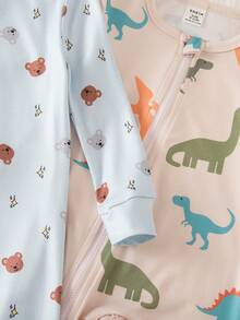 Baby Boys Snug Fit Pajamas-Dino Bear Print Round Neck Long Sleeve Full Length Zipper Pajamas Pastel Blue Beige Holiday 2026 New Year Party Essential Breathable Stretchy Soft All Season - Multicolor - View 3