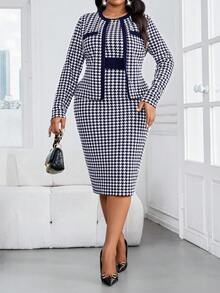 SHEIN Lady 大码女式千鸟格印花长袖外套和无袖修身连衣裙优雅两件套 - 藏蓝色 - 查看 6
