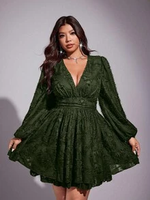 Viva Relle 大码女式纯色重叠V领灯笼袖荷叶边下摆时尚性感连衣裙 - 軍綠色 - 查看 5