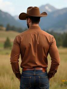 Manfinity Nomadique  Men's Western-Style Brown Loose-Fit Floral Heat-Transfer Long-Sleeve Shirt - Suitable For Halloween, Fall Casual Outings & Western-Themed Events, Also A Thoughtful Gift For Husbands/Boyfriends.