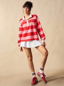 VARSIVA Women's Casual Contrast Stripe Print Polo Collar Drop Shoulder Loose Fit Sweatshirt, Spring/Autumn - Multicolor - View 2