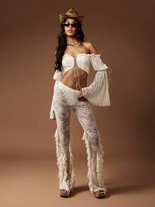 MISSGUIDED 文艺复兴节蕾丝紧身胸衣上衣喇叭袖露肩海盗波西米亚风中世纪万圣节服装农民衬衫 - 杏色 - 查看 3