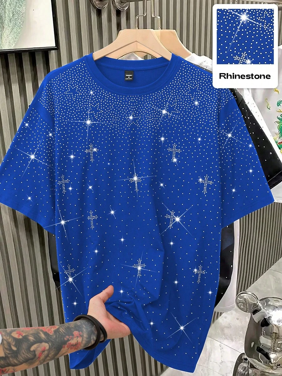 Claim Dot 男士休闲宽松短袖T恤，黑色，水钻设计，宽松版型，成熟街头风，适合通勤、日常穿着，可作为男友/老公礼物，情侣装 - 寶藍色 - 查看 1