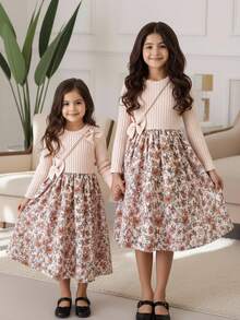 Tween Girls' Floral Print Patchwork Dress With Bow Decor, Autumn - Apricot - View 5
