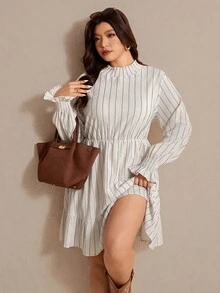 Elaquor Plus Size Casual Minimalist Ruffle Patchwork Solid Color Long Sleeve Dress - Apricot - View 5