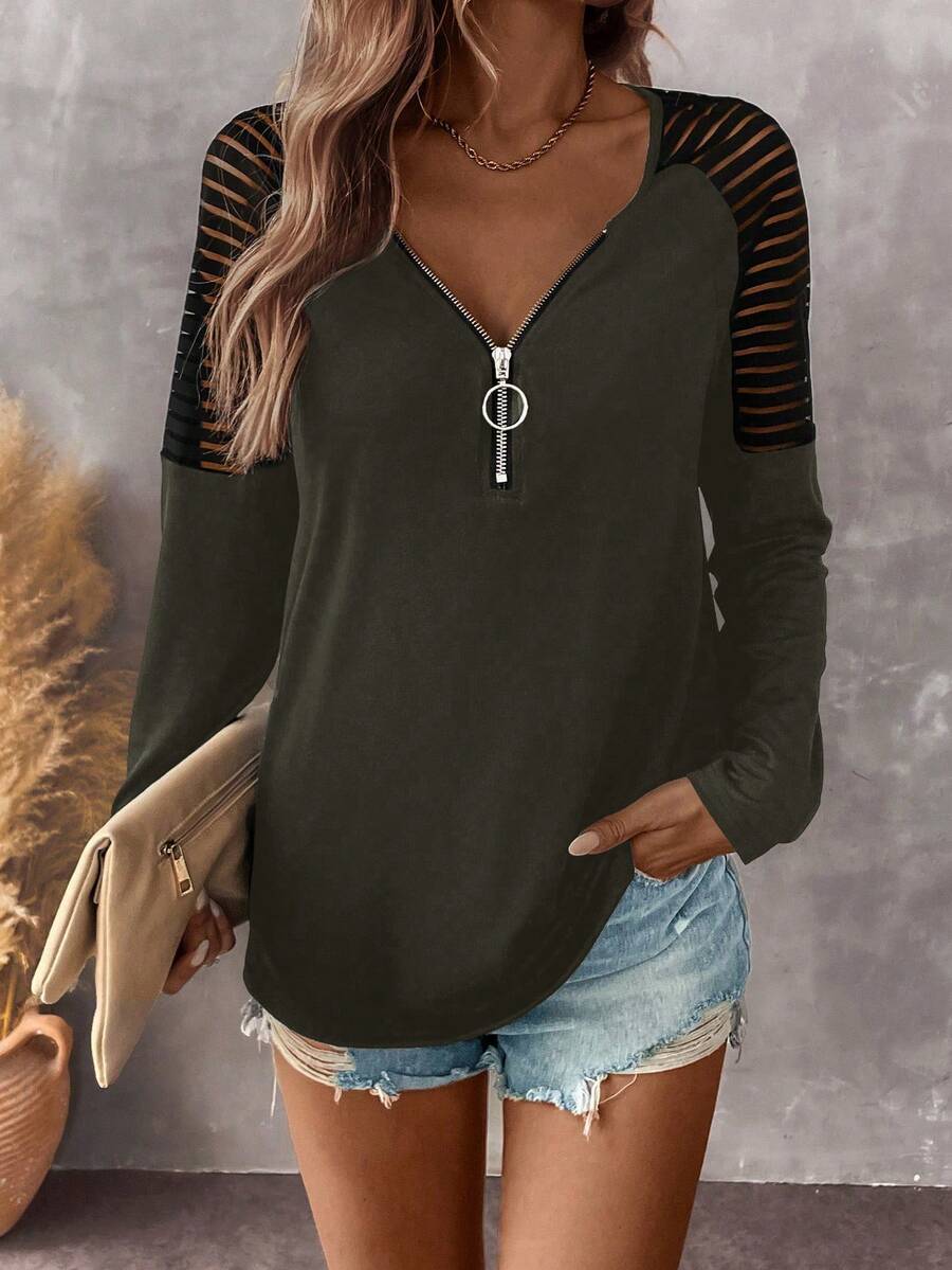 SHEIN LUNE Áo thun dệt kim dài tay cổ chữ V kéo khóa vai mùa thu cho nữ - xanh quân đội - Xem 1