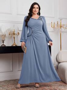 Modelyn Váy dài tay thanh lịch cổ bẻ xếp nếp màu trơn cỡ lớn, dành cho Giáng sinh, Váy đỏ tía cỡ lớn, Váy thanh lịch cỡ lớn, Váy dạ hội dài màu đỏ cỡ lớn - Màu xanh bụi bặm - Xem 1