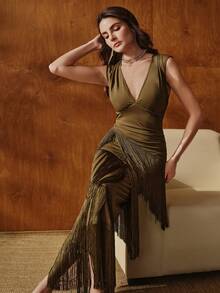 Anewsta 女士新款优雅无袖流苏长裙，蓝色，适合宴会、生日派对、婚礼、秋季、冬季、夏季、新年、聚会、婚礼等场合，优雅、别致、时尚、闪亮连衣裙，圣诞派对礼服 - 墨綠色 - 查看 2