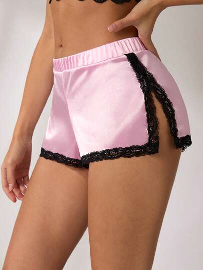 Lowkey Lull Kontrast-Farbige Satin-Spitzen-Patchwork Blumen-Spitzen Boxer-Shorts mit seitlichem Schlitz, bequem, lässig, für den täglichen Gebrauch, einfach komfortable elegante Damen-Unterwäsche für den Herbst