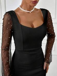 Rafferiza 女士仿珍珠喇叭袖修身优雅连衣裙，性感狂野派对礼服，欢迎秋季女士服装，秋季女装，秋季穿搭，秋季女装，秋季女士外出装，派对女士时尚连衣裙，奢华女士长袖婚礼宾客礼服 - 黑色 - 查看 6