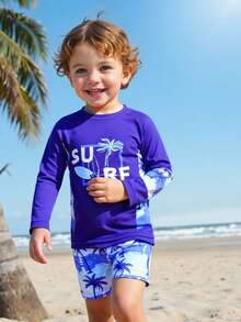 2pcs Baby Boys' Tropical Holiday Themed Printed Short Sleeve Top + Shorts Set - Suitable For Vacation And Pool Play