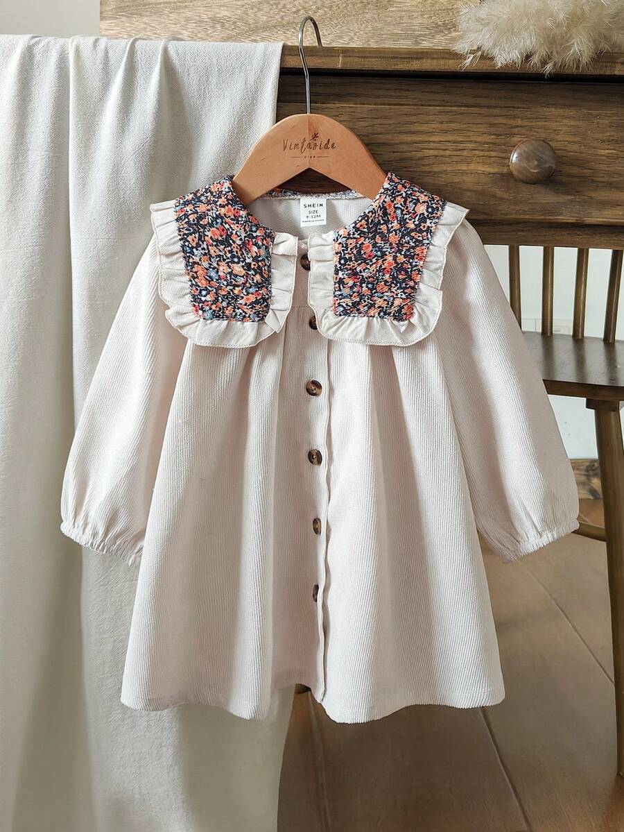 Vintaside Kids Váy hoa nhung kẻ chấm bi cho bé gái, phong cách đồng quê, thanh lịch và dễ thương, phù hợp cho mùa chuyển giao xuân, thu và đông - trắng - Xem 1