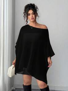 Elenzga Plus Size Women Casual Chic Daily Commute Simple Solid Asymmetrical Collar Batwing Sleeve Loose Knit Sweater, Autumn/Winter 3 Day Delivery Black Goth - Black - View 5