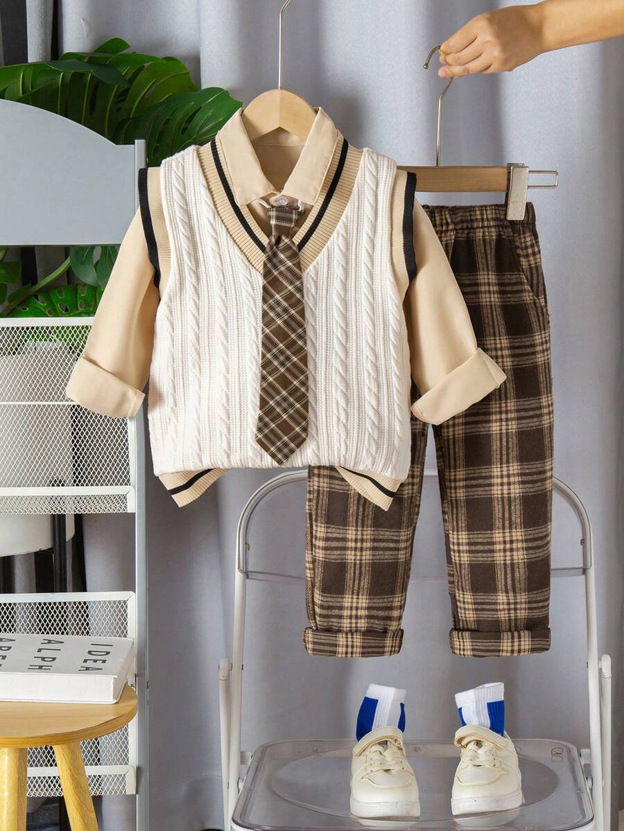 SHEIN 3件套幼儿男童休闲针织V领背心+休闲衬衫+梭织长裤，时尚百搭，多种穿搭选择，适合日常外出，秋冬季穿着