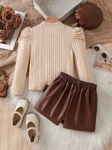Sparklyn 3pcs/Set Fashionable & Elegant Girls Outfit: Puff Sleeve Ribbed Knit Top + Beaded Bow Shorts + Beret Hat, Autumn/Winter - Brown - View 2