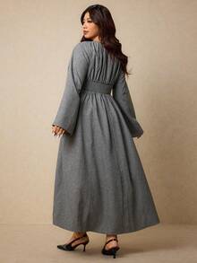 Elaquor Plus Size Women Solid Color Round Neck Flare Sleeve Pleated Casual Dress Office Old Money - Grey - View 2