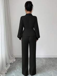 Elenzga Bộ quần ống loe dáng chữ A, dáng suông, màu trơn, cổ bẻ không đều, thanh lịch, thoải mái khi đi làm, đi nghỉ, tiệc trà chiều dành cho nữ, phù hợp cho mùa xuân, thu, đông - màu đen - Xem 2