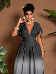 Eryvara Đầm maxi chữ A thắt nơ cổ chữ V họa tiết ombre lãng mạn thanh lịch dành cho nữ, thiết kế đa năng cho các buổi đi chơi, bãi biển, lễ hội âm nhạc, trang phục dự tiệc cưới tốt nghiệp cho khách mời, phong cách công sở thường ngày Boho, thắt nơ eo đàn hồi, du lịch nghỉ dưỡng, váy maxi chữ A mùa xuân/hè/thu - Xám - Xem 6